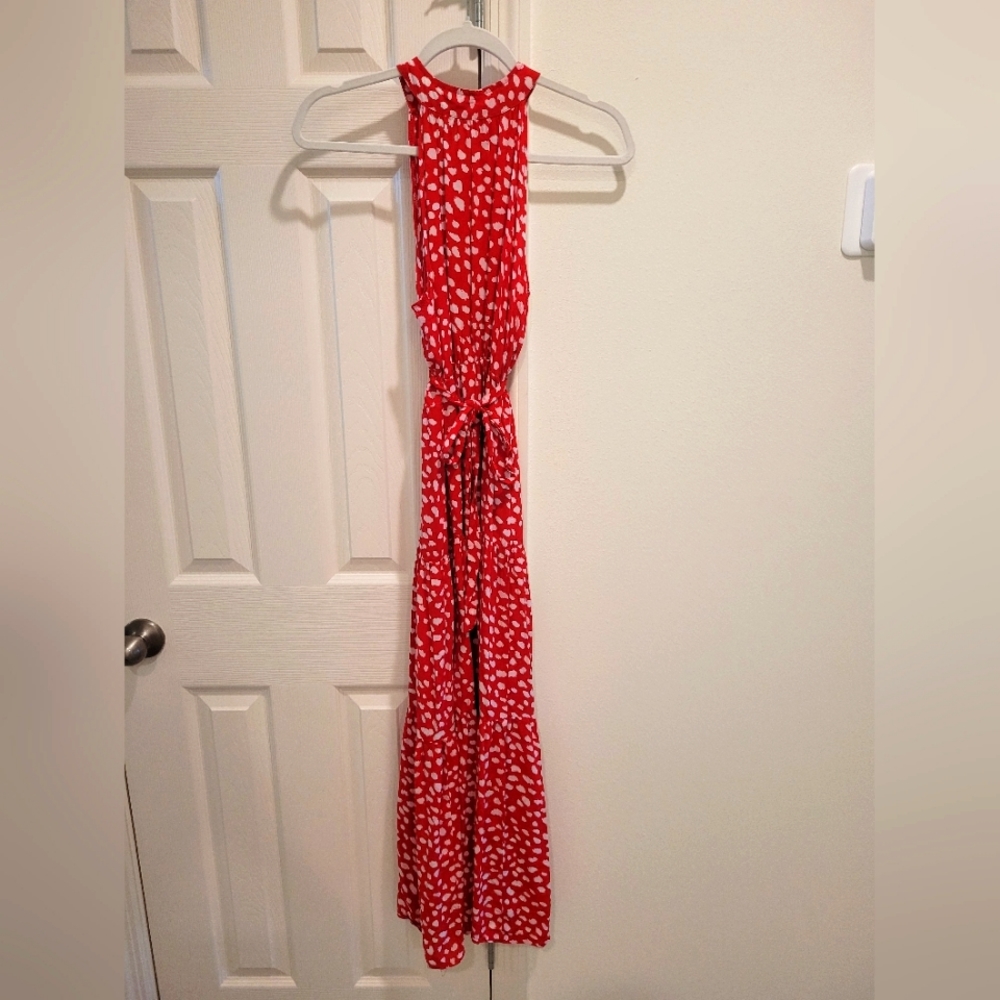 High neck long polka dot dress with tie